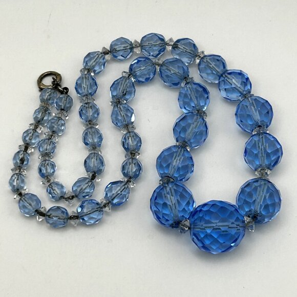 Vintage Czech Faceted Blue Glass Crystal Bead Necklace Graduated 16” - Picture 5 of 16